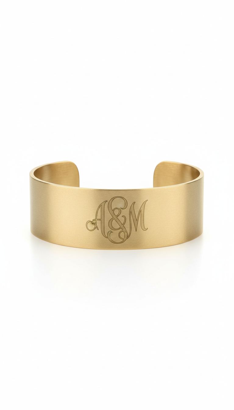 Muted gold cuff bracelet with initial monogram